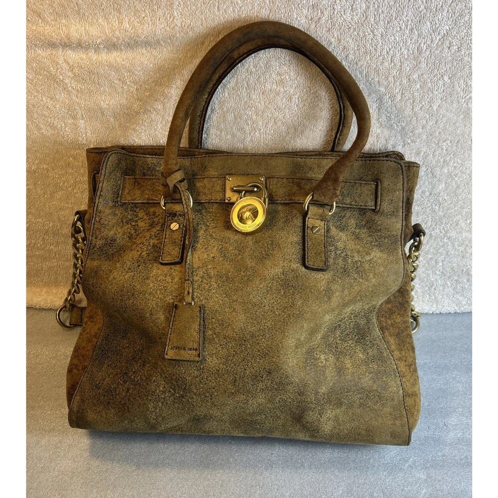Michael Kors Hamilton Brown Distressed Leather Gold Chain Logo Shoulder